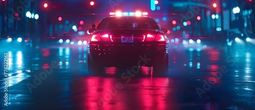 Police car with flashing lights in urban setting symbolizing safety and law enforcement in action. Concept Police car, flashing lights, urban setting, safety, law enforcement