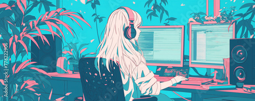 pop art style cartoon woman working at home in cozy room decorated with tropical houseplants, Ai Generated
