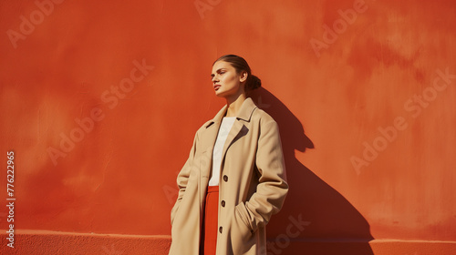 Uma mulher com um sobretudo bege no fundo laranja  photo