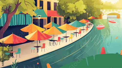 Flato panoramic view of colorful umbrellas by the river
