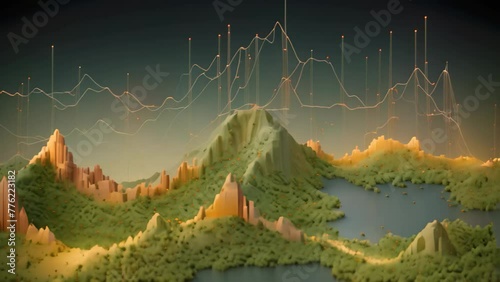 A stunning computer generated image showcasing the breathtaking beauty of a mountain range, A landscape designed in the shape of a stock market graph, AI Generated
