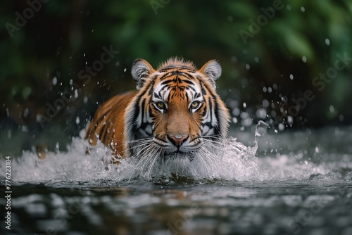 Tiger rushes through the water, its fur glistening, eyes focused, ripples marking its path