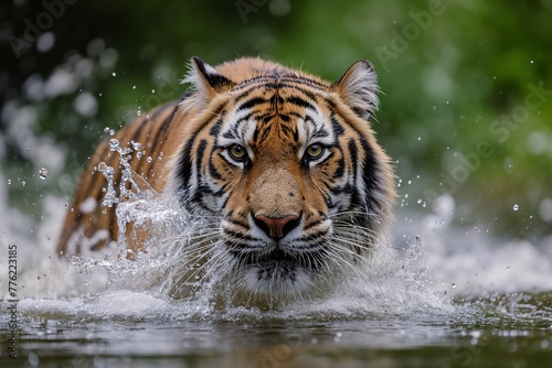 Tiger rushes through the water  its fur glistening  eyes focused  ripples marking its path
