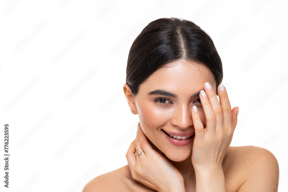Portrait of young beautiful woman with perfect smooth skin isolated over white background. Portrait of young beautiful woman with perfect smooth skin isolated over white background.