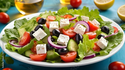 Greek salad vibrant colors bright summer photo hyper realistic high definition sharp.
