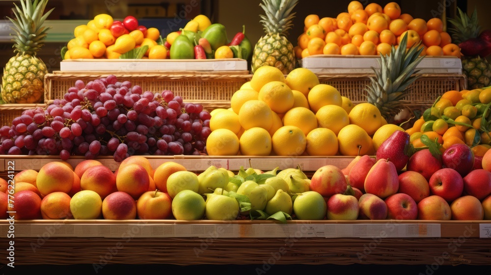 A fruit stand with a variety of fruits including apples, oranges, pineapples, grapes, and more.