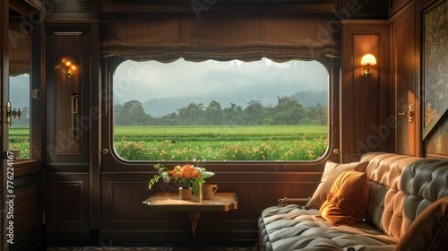 Cozy carriage interior with a large window. Warm brown-orange colors with a sofa in the foreground and flowers on the table. Rustic wood paneling and small sconce lighting.