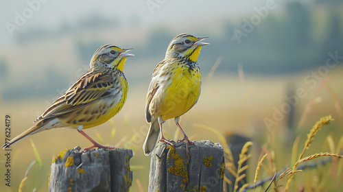 Meadowlarks singing from atop fence posts photo