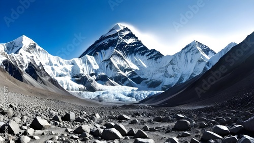 The base of mount everest from a rocky ground, in the style of light sky. photo