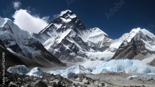 The base of mount everest from a rocky ground, in the style of light sky.