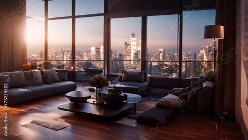 A well-appointed living room featuring a diversity of furniture pieces and an expansive window for ample natural light, A luxurious penthouse suite with a city skyline view, AI Generated photo