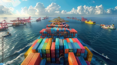 A large container ship filled with colorful containers floats on the ocean against the backdrop of an industrial port and blue sky.