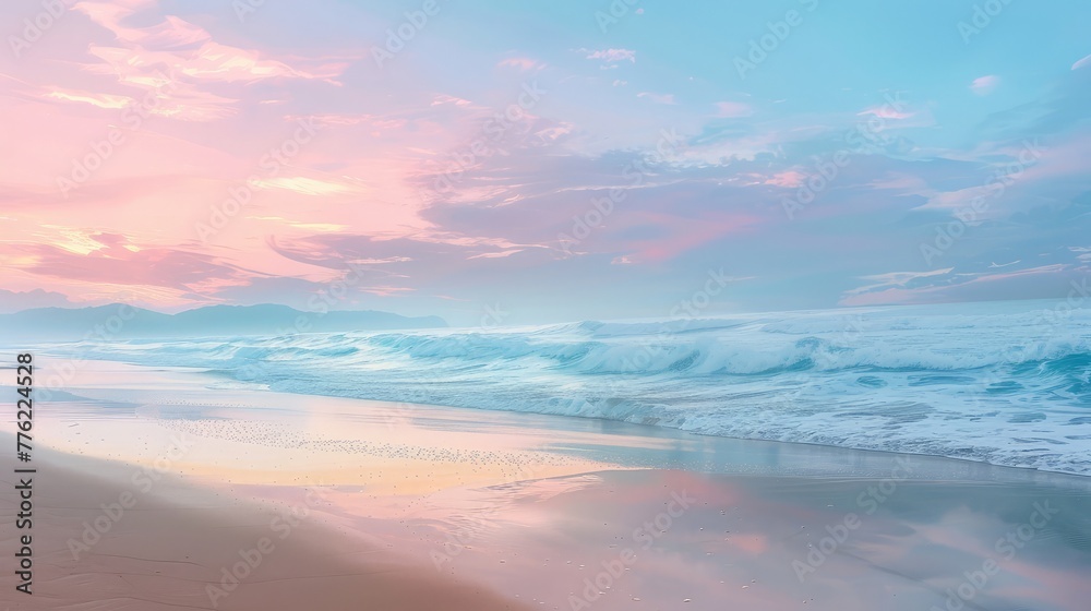 A secluded beach at dawn, where the sky is painted in soft pastel hues, and the gentle waves lap against the shore, creating a tranquil scene.
