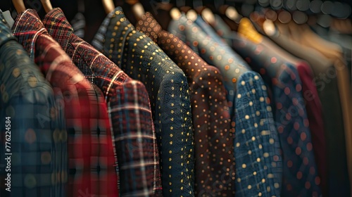 Close-up of a rack showing an array of stylish and fashionable men's jackets in a variety of colors and patterns, including tartan and patterned ties. photo