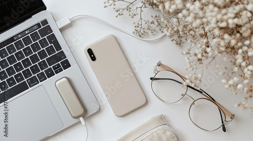 There is a phone with a charging cable on the table, next to it there is also a laptop and a small beige sandstone power supply, square in shape, in a minimalist style. photo