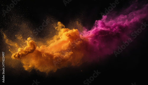 A vibrant burst of colorful powder spreads out on a dark black background, creating a striking contrast. The powder appears to be floating and dispersing in different directions