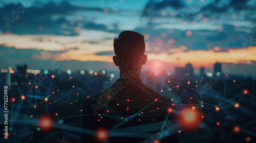 The silhouette of a cybersecurity expert fuses with a 4K digital landscape of network connections, responding to a cyber threat