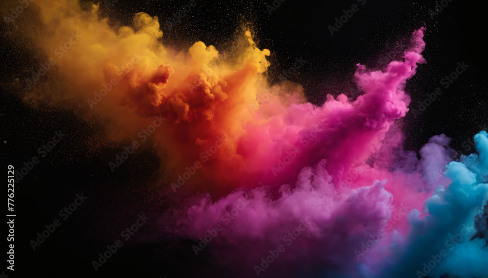 A group of colored smoke is seen flying through the air, creating a vibrant and dynamic display of colors against the sky. The smoke appears to be moving upwards.