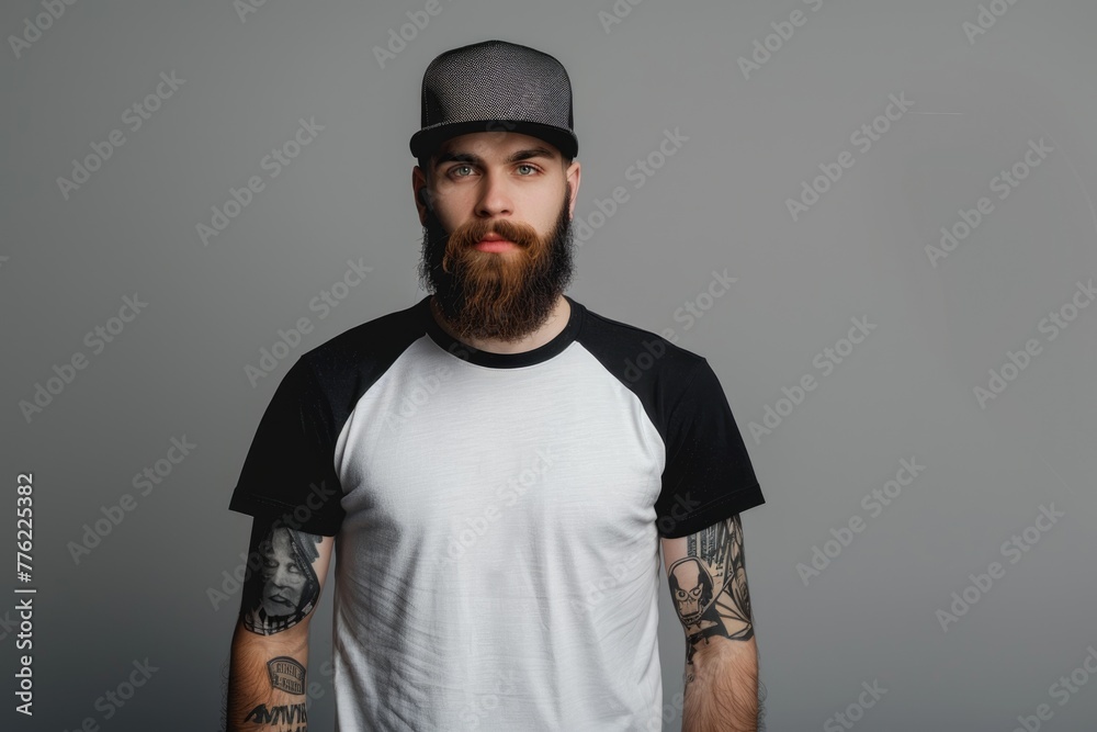 Hipster male model in blank t shirt and cap for logo. Hipster male model in blank t shirt and cap for logo.