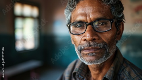 An elderly Indian teacher with glasses and a beard looks at the camera. He has a checkered shirt and gray hair and beard. The background is blurred.