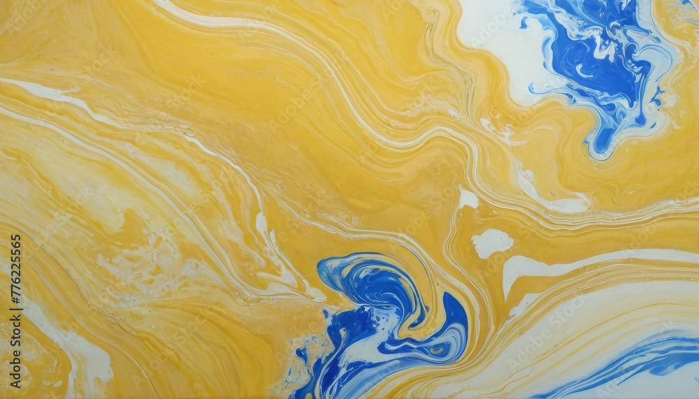 A painting featuring vibrant yellow and blue swirls against a clean white background. The colors blend and twist, creating a dynamic and energetic visual experience