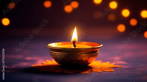 A Diya oil lamp, Diwali concept, blurred Hindu festival of lights celebration background.