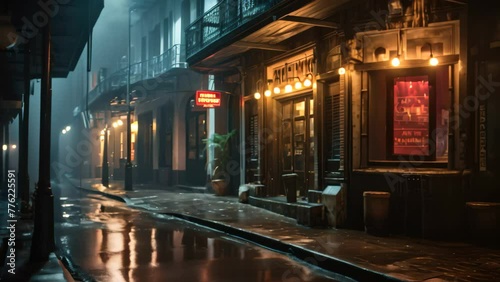A busy city street at night is transformed by the rain, as the wet pavement reflects the glowing lights and creates a captivating urban scene, A moody jazz club in New Orleans, AI Generated