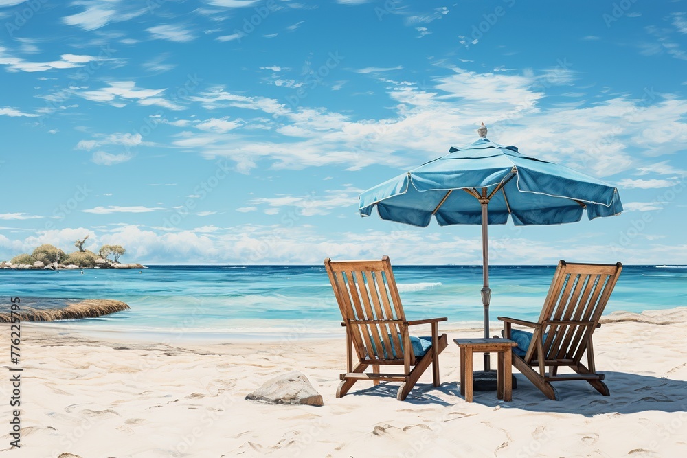 minimalistic design Beautiful beach banner. White sand, chairs and umbrella travel tourism wide panorama