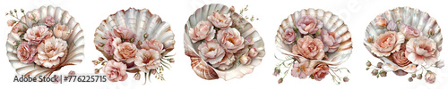 Open seashell filled with flowers composition, vintage watercolor illustration, rococo style