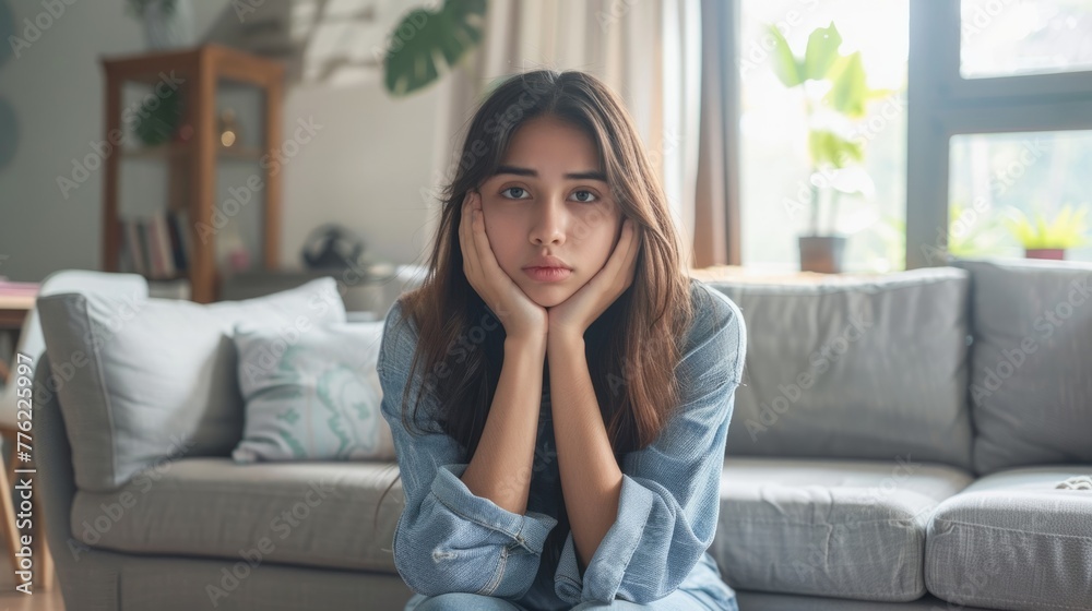 depressed young woman sitting on a sofa in the living room at home, generative ai depressed young woman sitting on a sofa in the living room at home, generative ai