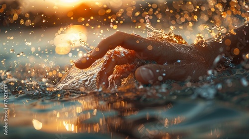 Morning swim, hand parting the water at dawn © muji