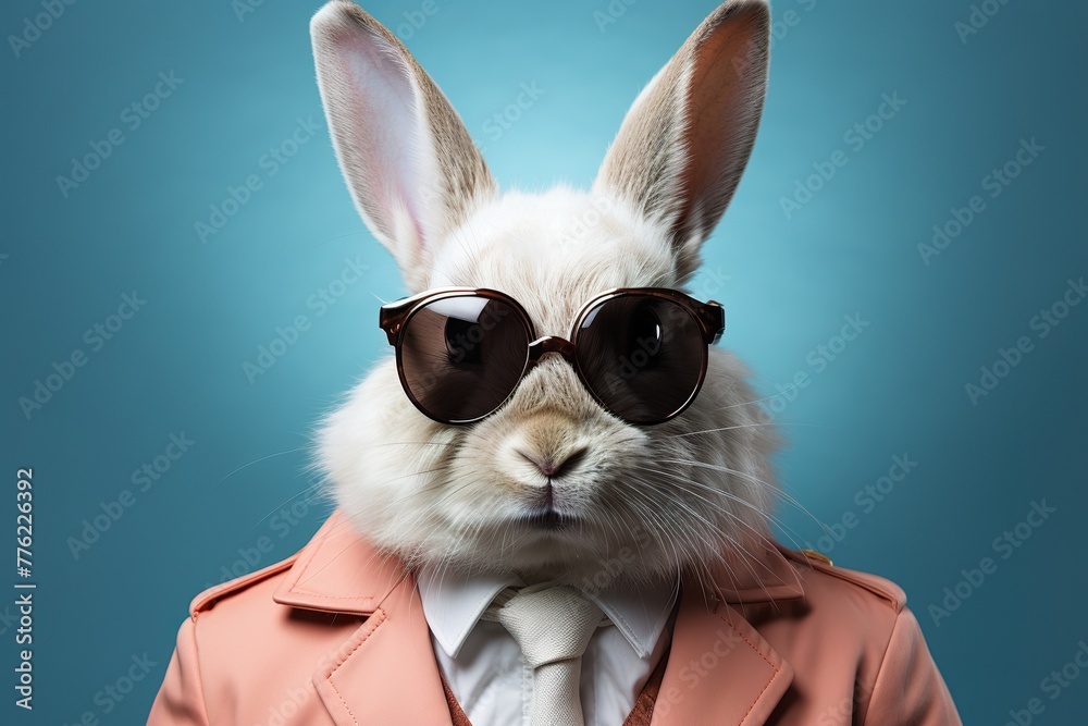 minimalistic design Abstract clip-art of White Rabbit wearing trendy sunglasses.