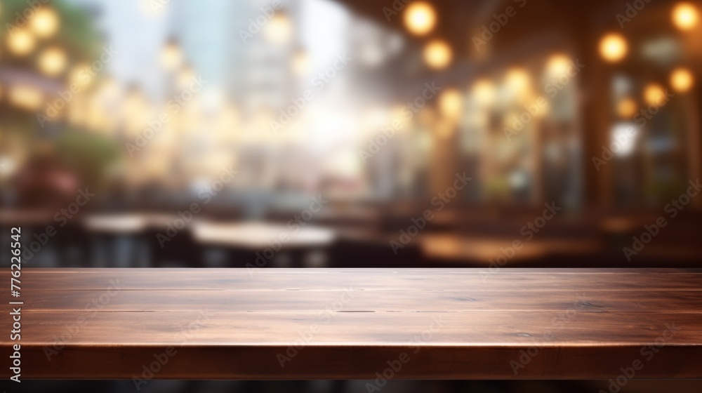 wooden surface, bar counter against the background of a blurred cafe, background for the presentation of goods, beer, coffee, alcoholic drinks wooden surface, bar counter against the background of a blurred cafe, background for the presentation of goods, beer, coffee, alcoholic drinks