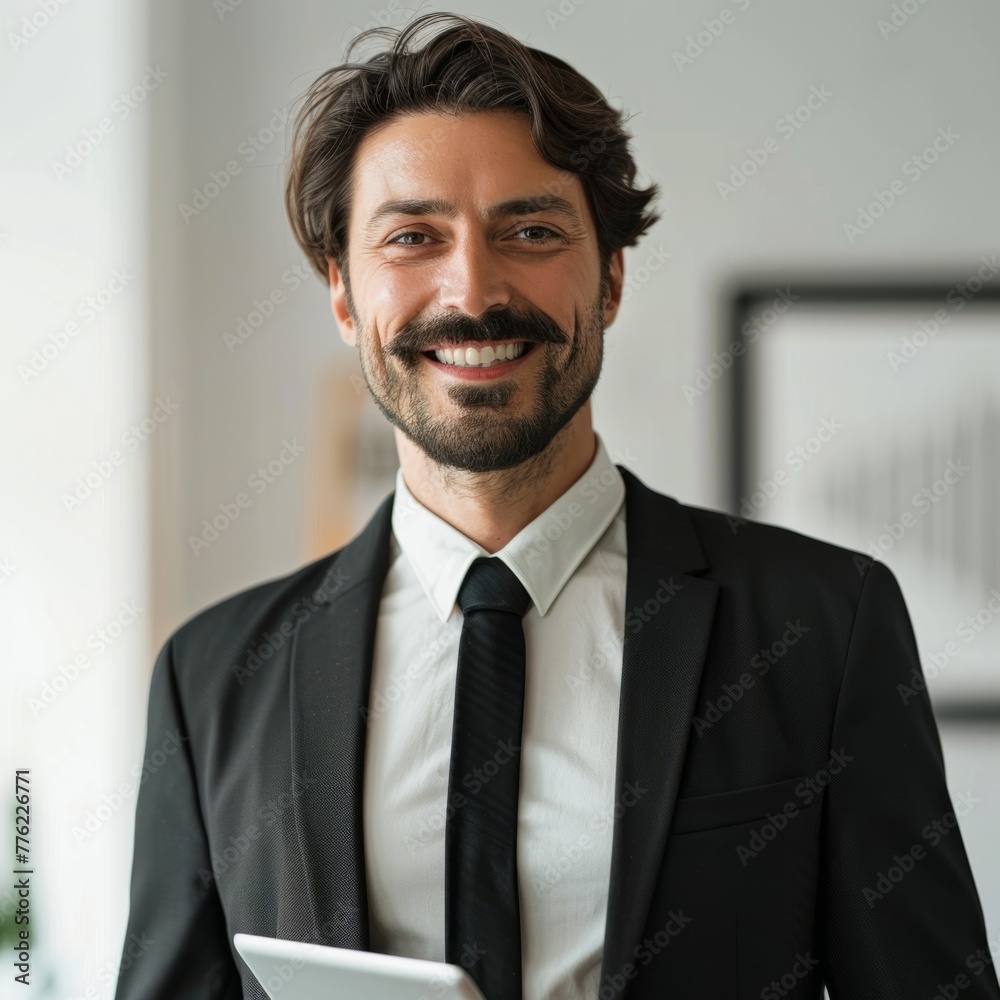 Smiling European businessman 20-30 years old, active business man against the background of his office Smiling European businessman 20-30 years old, active business man against the background of his office