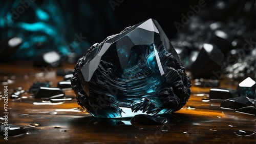 Stunning teal crystal with dark inflections catching the light, casting reflections on a wooden surface photo