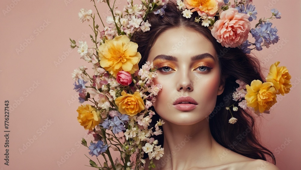 Beautiful woman with flowers woven into her hair, looking away thoughtfully against a pink backdrop