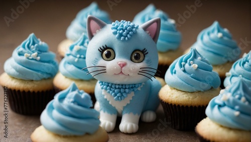 Adorable and whimsical setting showcasing a blue cat figure surrounded by matching frosted cupcakes