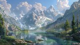 A serene mountain lake surrounded by towering peaks, its crystal-clear waters mirroring the majesty of the surrounding landscape.