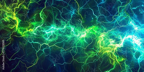 Fantasy green lightning, abstract electrical background ,Teal abstract lightning on black.