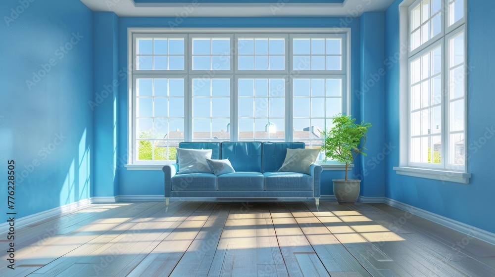 Fototapeta premium Empty blue living room with large windows generative ai