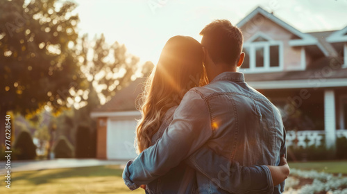 Cozy Embrace in Front of New Home.  A loving couple sharing an intimate moment, with their new home in the background.