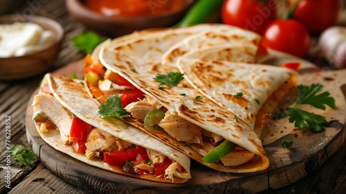 Chicken Bell pepper quesadilla on a wood background