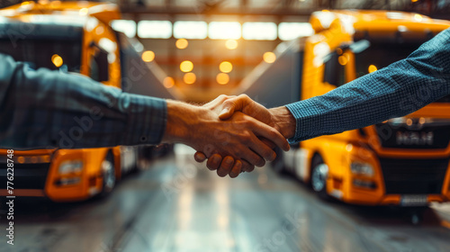 Handshake Agreement in Front of Industrial Freight Trucks