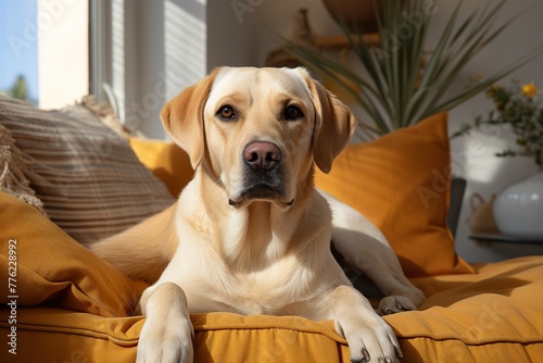 minimalistic design Cute Labrador dog sitting on sofa at home,