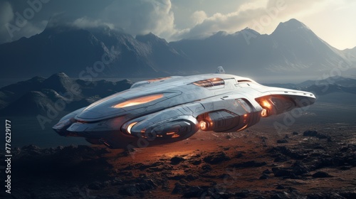 An alien spaceship is hovering over a rocky terrain with mountains in the background. The ship has a sleek  silver design with glowing orange accents.