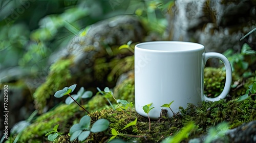 A mockup of a white mug without a design, standing in a forest, surrounded by green plants and mossy stones. The mug is shot from the side in a close-up with natural light and bright colors.