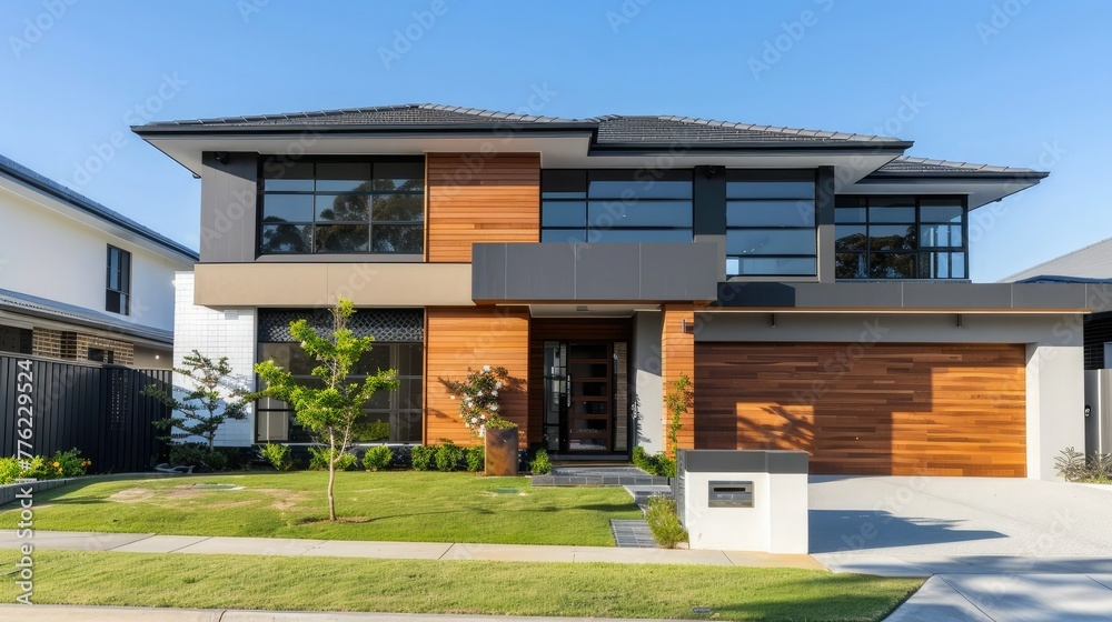 modern two-story house with lighting, wooden paneling of external walls and garage doors, dark gray roof, front view, green grass near the concrete path around the house