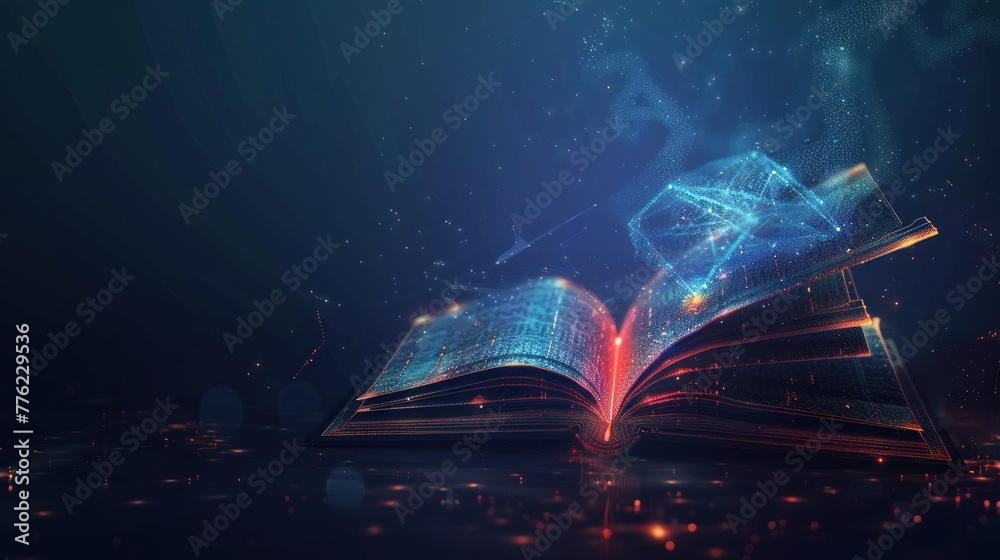 Futuristic digital technology open book with polygonal glowing lines dark background. AI generated