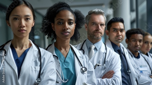 A diverse group of doctors, with various ethnicities and genders, stand in a hospital hallway with their arms crossed.