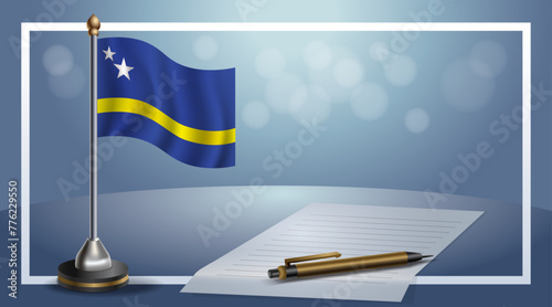 Small national flag of the Curacao on bokeh background, vector Illustration
